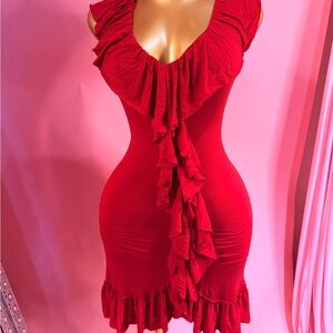 Velvet Elegant Red Ruffled Dress